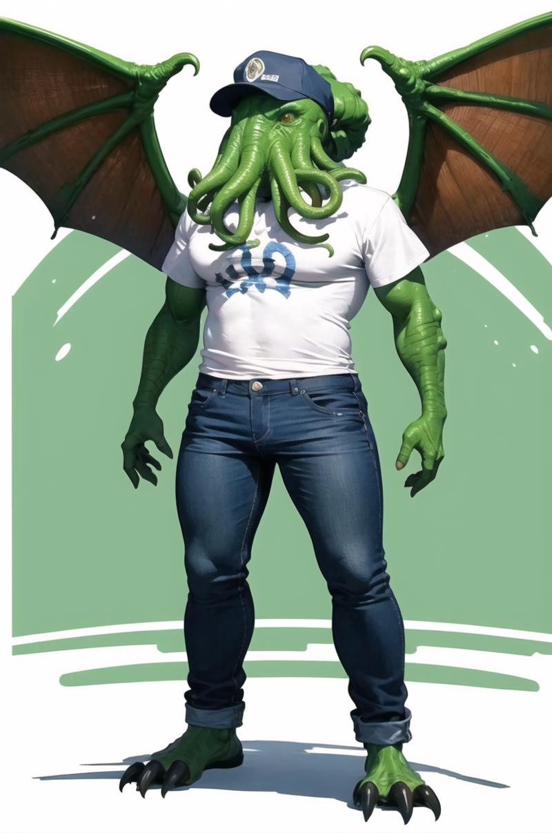 05823-4125987792-masterpiece, best quality, cthulhu, solo, wearing a t-shirt and blue jeans and a hat, green skin, outstreched wings, full body,.png